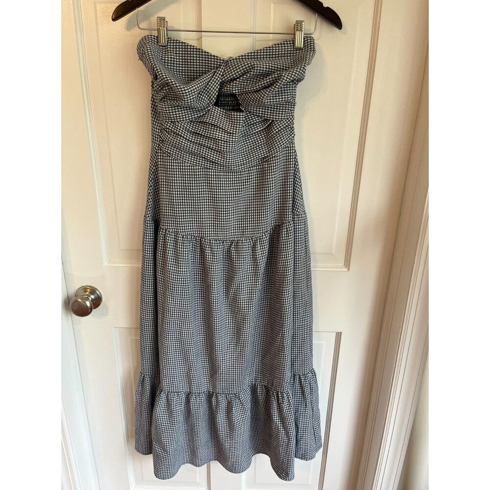 THML Gingham Strapless Midi Tiered Dress Navy Blue & White SZ Sm Transition Fall